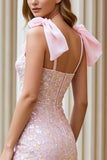 Floral Candy Pink Spaghetti Straps Sheath Lace Long Corset Prom Dress with Slit