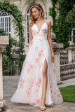 Floral Ivory Pink A Line Spaghetti Straps Long Prom Dress with Slit