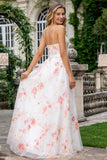 Floral Ivory Pink A Line Spaghetti Straps Long Prom Dress with Slit