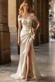Champagne Sheath Off the Shoulder Ruched Long Prom Dress with Slit