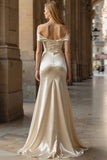 Champagne Sheath Off the Shoulder Ruched Long Prom Dress with Slit