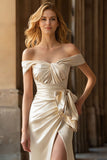 Champagne Sheath Off the Shoulder Ruched Long Prom Dress with Slit
