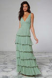 Light Green Chiffon V-Neck Tiered Long Bridesmaid Dress with Ruffles