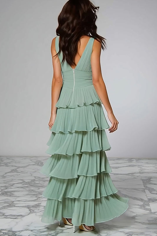 Light Green Chiffon V-Neck Tiered Long Bridesmaid Dress with Ruffles