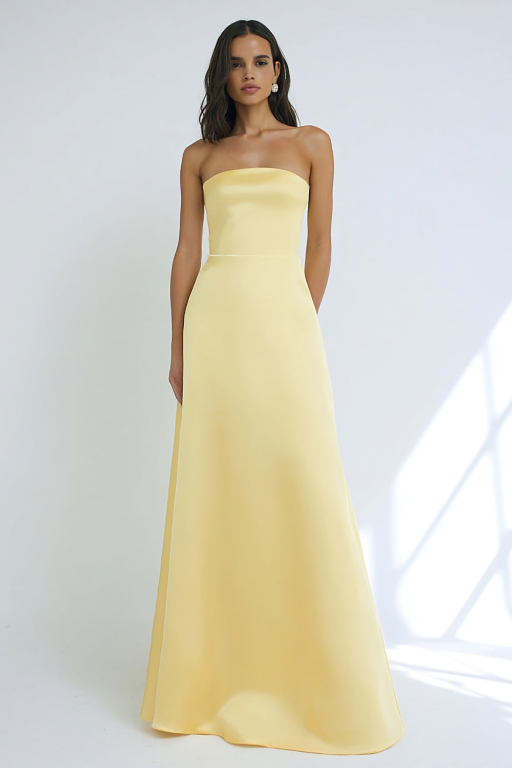Simple Yellow Strapless Sheath Long Bridesmaid Dress
