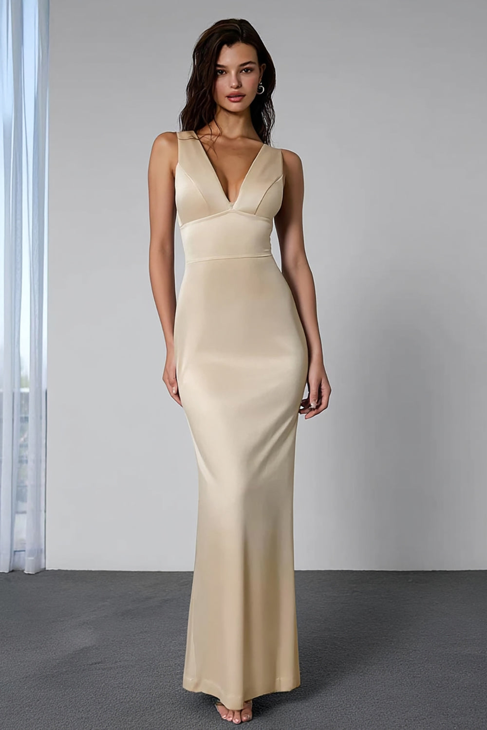 Champagne Mermaid Backless V-Neck Long Bridesmaid Dress