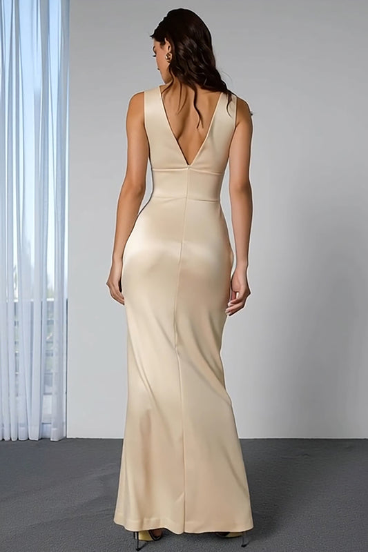 Champagne Mermaid Backless V-Neck Long Bridesmaid Dress