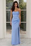 Blue Strapless Ruched Sheath Long Bridesmaid Dress with Slit
