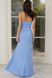 Blue Strapless Ruched Sheath Long Bridesmaid Dress with Slit