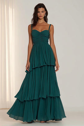 Dark Green Ruched Spaghetti Straps Long Bridesmaid Dress with Ruffles