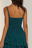 Dark Green Ruched Spaghetti Straps Long Bridesmaid Dress with Ruffles