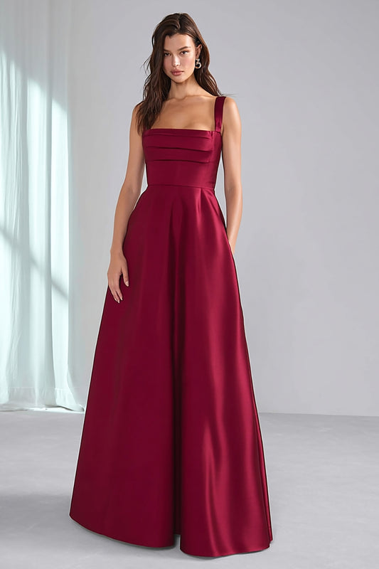 Burgundy A Line Thick Straps Long Bridesmaid Dress