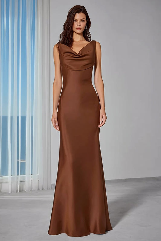 Brown Sheath Cowl Neck Backless Long Bridesmaid Dress