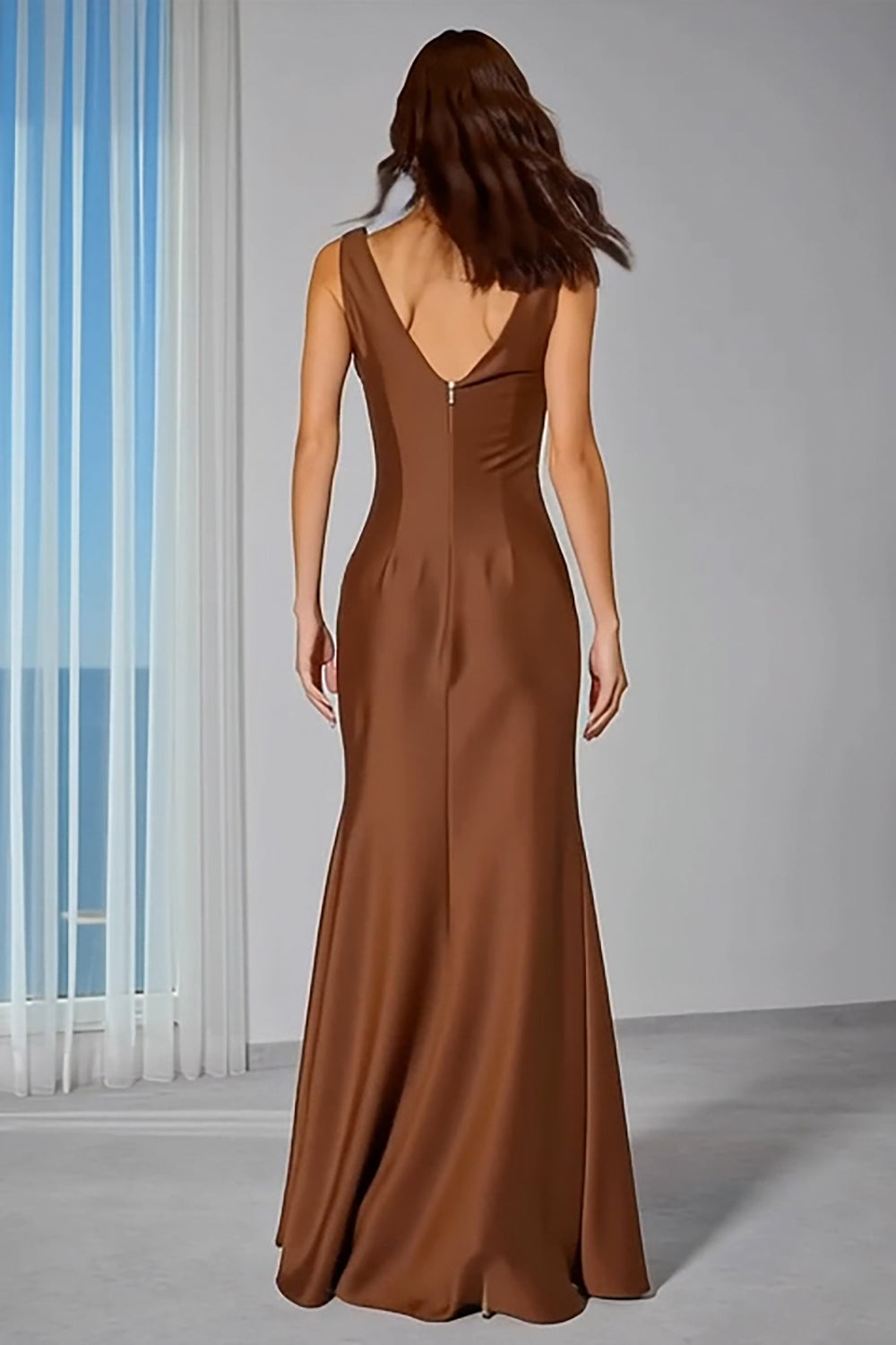 Brown Sheath Cowl Neck Backless Long Bridesmaid Dress