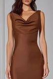 Brown Sheath Cowl Neck Backless Long Bridesmaid Dress