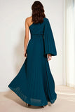 Peacock Green One Shoulder Pleated Long Bridesmaid Dress with Sleeves