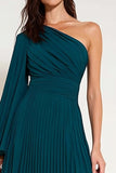 Peacock Green One Shoulder Pleated Long Bridesmaid Dress with Sleeves