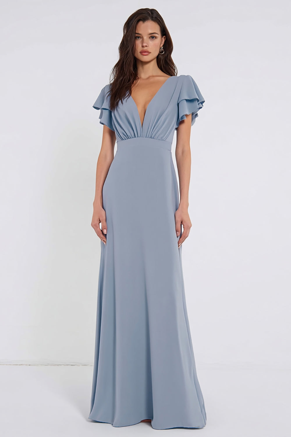 Dusty Blue Sheath V-Neck Long Bridesmaid Dress with Sleeves
