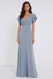 Dusty Blue Sheath V-Neck Long Bridesmaid Dress with Sleeves