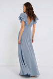 Dusty Blue Sheath V-Neck Long Bridesmaid Dress with Sleeves