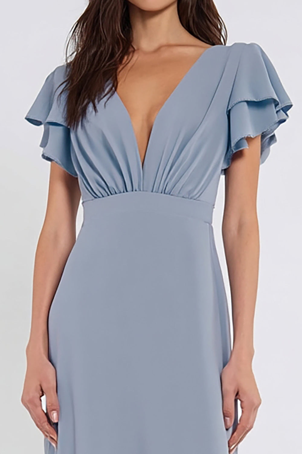 Dusty Blue Sheath V-Neck Long Bridesmaid Dress with Sleeves