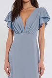 Dusty Blue Sheath V-Neck Long Bridesmaid Dress with Sleeves