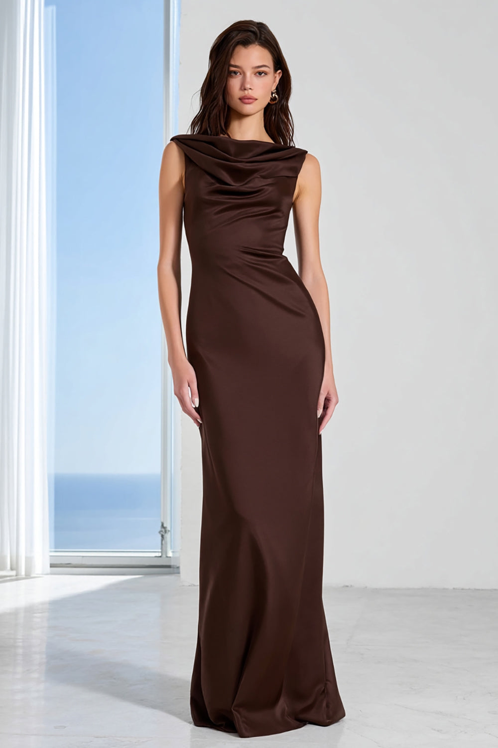 Coffee Sheath Satin Bateau Neck Long Bridesmaid Dress