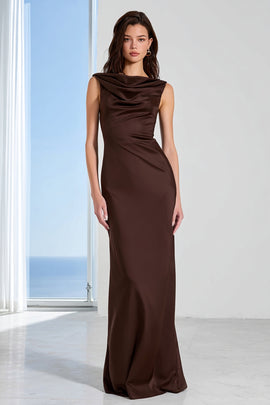 Coffee Sheath Satin Bateau Neck Long Bridesmaid Dress