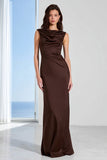 Coffee Sheath Satin Bateau Neck Long Bridesmaid Dress