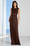 Coffee Sheath Satin Bateau Neck Long Bridesmaid Dress