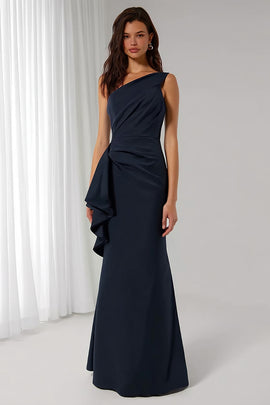 Navy Sheath One Shoulder Backless Long Bridesmaid Dress with Sash