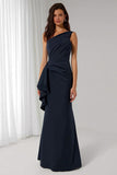 Navy Sheath One Shoulder Backless Long Bridesmaid Dress with Sash