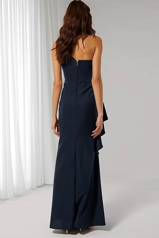 Navy Sheath One Shoulder Backless Long Bridesmaid Dress with Sash