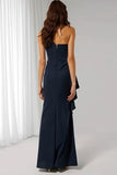 Navy Sheath One Shoulder Backless Long Bridesmaid Dress with Sash