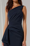 Navy Sheath One Shoulder Backless Long Bridesmaid Dress with Sash