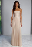 Champagne Sheath Strapless Pleated Long Bridesmaid Dress
