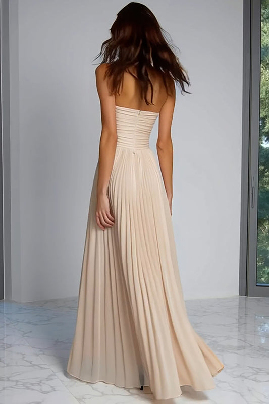 Champagne Sheath Strapless Pleated Long Bridesmaid Dress