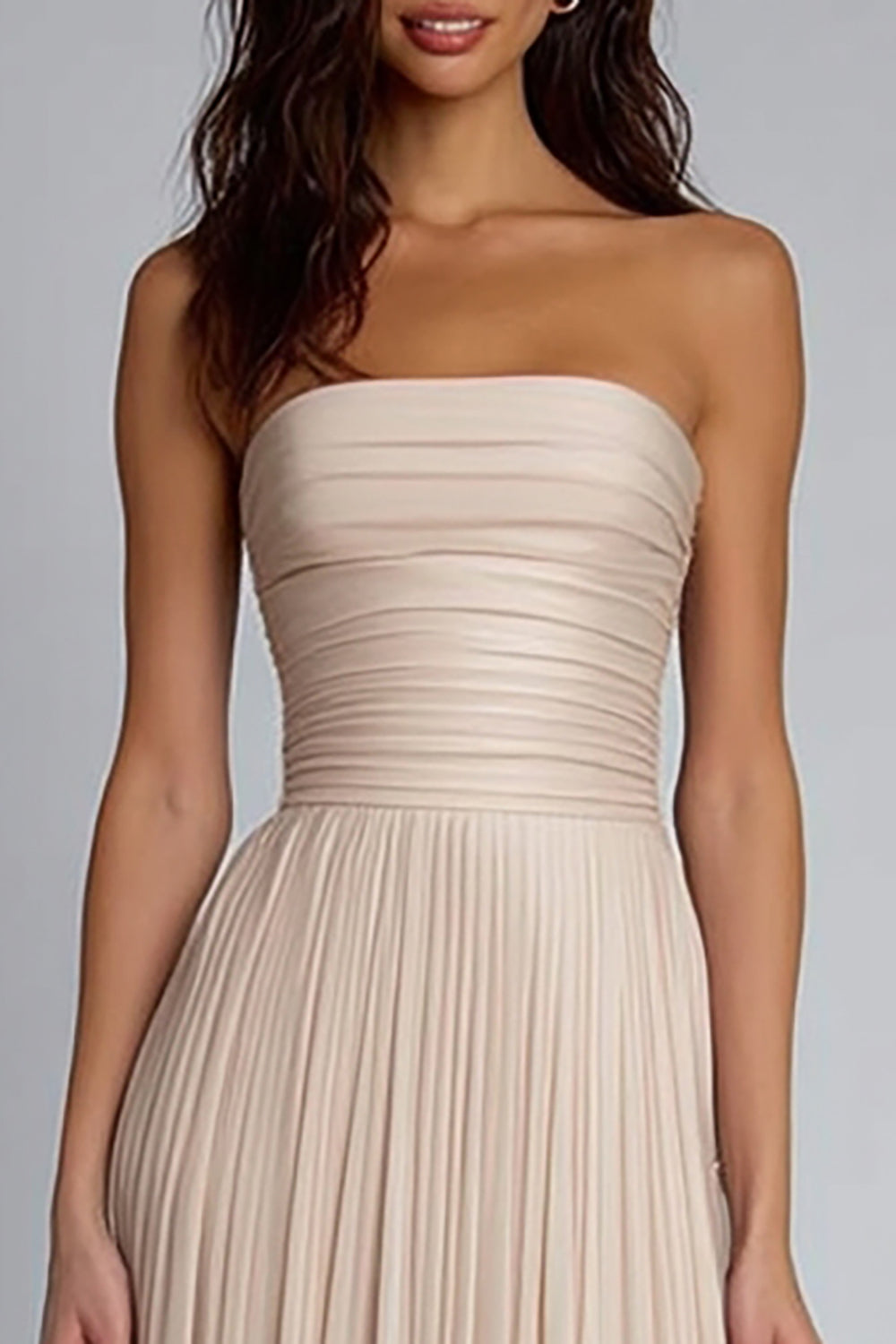Champagne Sheath Strapless Pleated Long Bridesmaid Dress