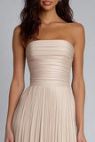 Champagne Sheath Strapless Pleated Long Bridesmaid Dress