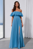 Blue Off the Shoulder A Line Long Bridesmaid Dress with Slit