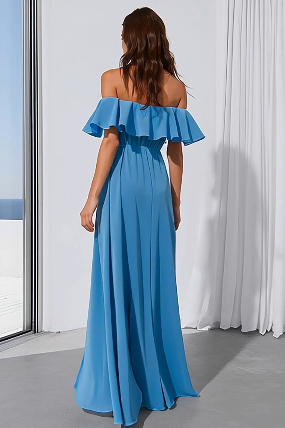 Blue Off the Shoulder A Line Long Bridesmaid Dress with Slit