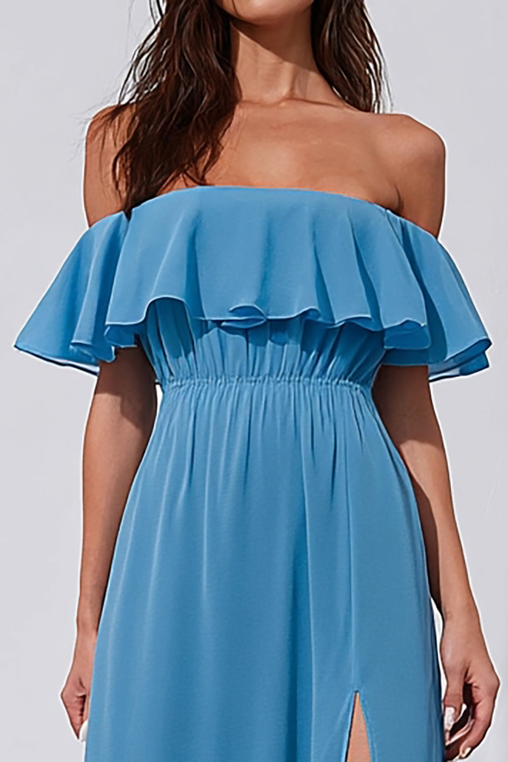 Blue Off the Shoulder A Line Long Bridesmaid Dress with Slit