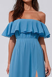 Blue Off the Shoulder A Line Long Bridesmaid Dress with Slit