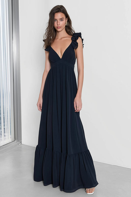 Navy V-Neck A Line Backless Long Bridesmaid Dress with Ruffles