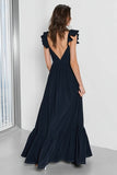 Navy V-Neck A Line Backless Long Bridesmaid Dress with Ruffles
