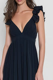 Navy V-Neck A Line Backless Long Bridesmaid Dress with Ruffles