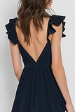 Navy V-Neck A Line Backless Long Bridesmaid Dress with Ruffles
