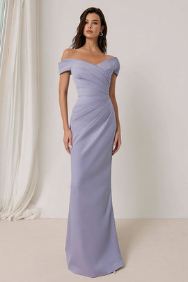 Lilac Sheath Off the Shoulder Ruched Long Bridesmaid Dress