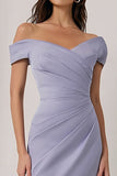 Lilac Sheath Off the Shoulder Ruched Long Bridesmaid Dress