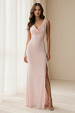 Light Pink Sheath Cowl Neck Long Bridesmaid Dress with Slit
